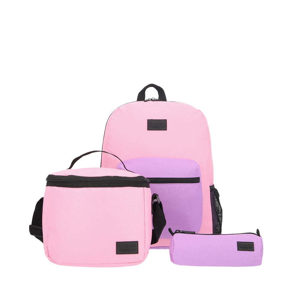 Kit escolar triple morral urbano mujer + lonchera + cartuchera rosada/violeta
